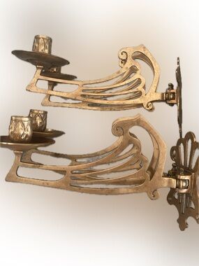Vintage Brass Art Nouveau Wall Sconces Pair - Sculptural Swirl Design candle